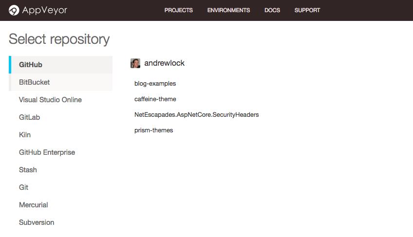 Select a repo to connect to AppVeyor