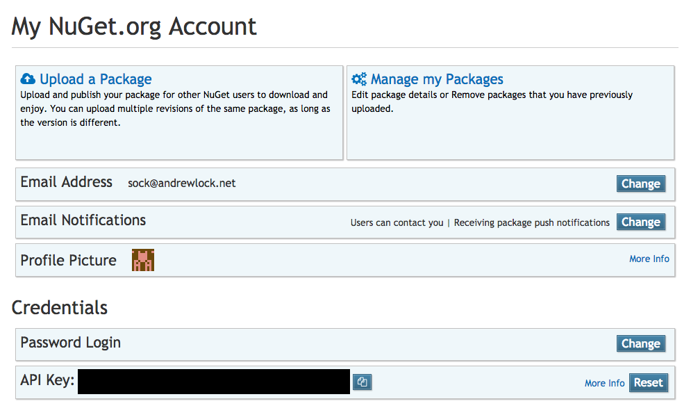 NuGet feed details showing API key location