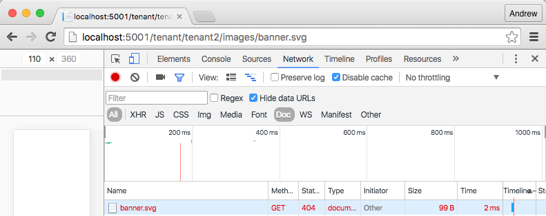 Accessing the Tenant 2 purple banner from the Tenant 1 hostname giving a 404