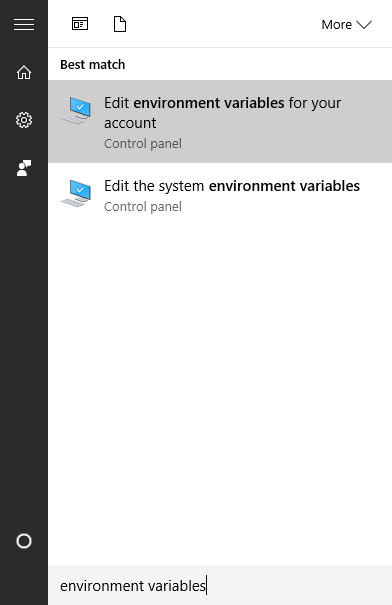 Searching for control panel in start menu