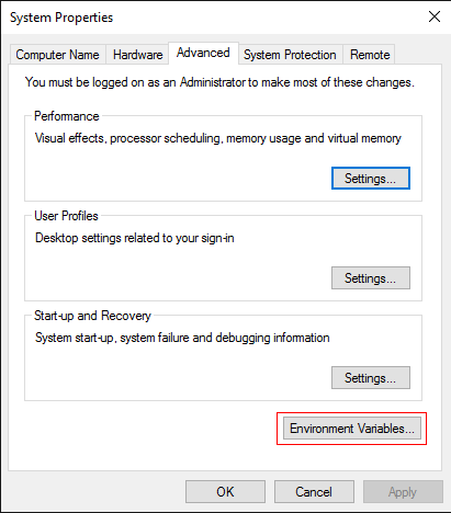 System properties dialog
