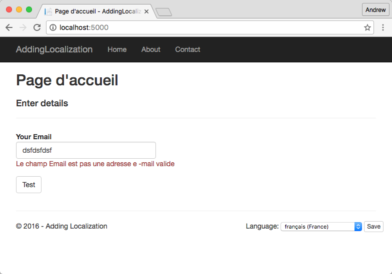 Validation message showing localised resource