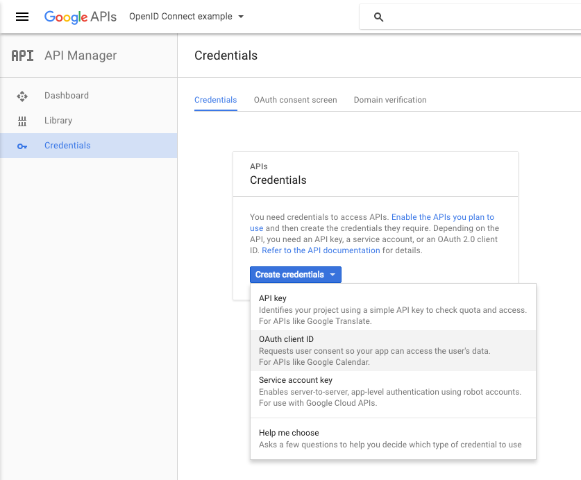 Selecting OAuth Client Id credentials