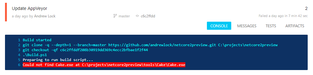 AppVeyor error message