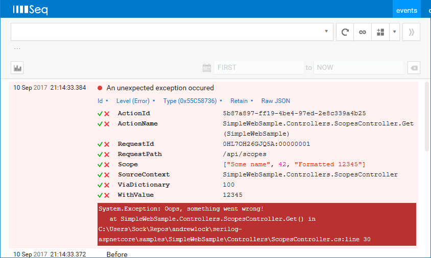 Logging an exception with recorded scopes