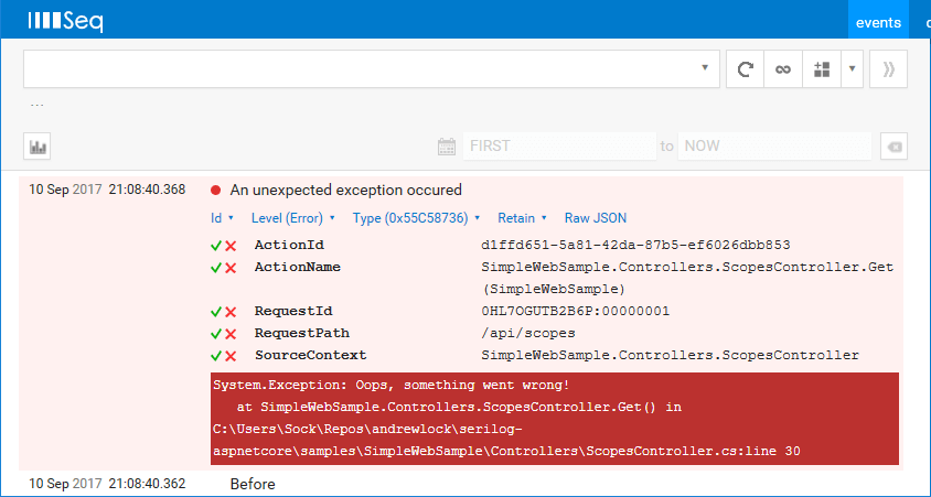 Logging an exception without recording the scopes
