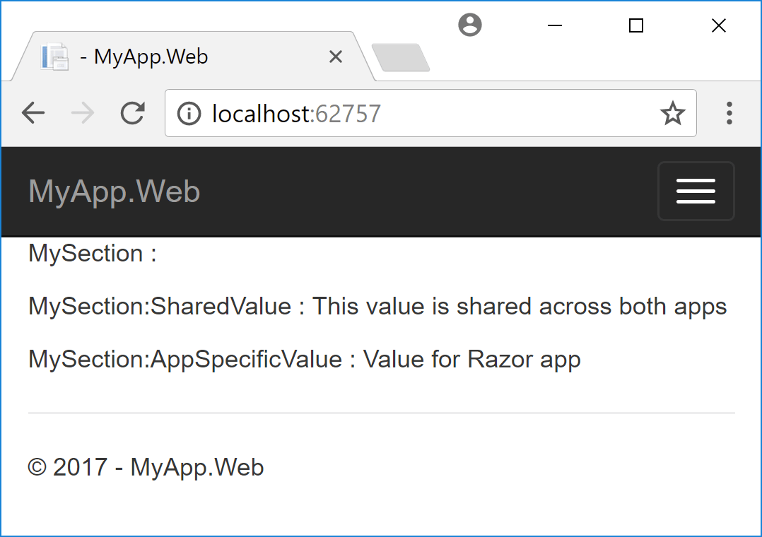 Razor app showing configuration section
