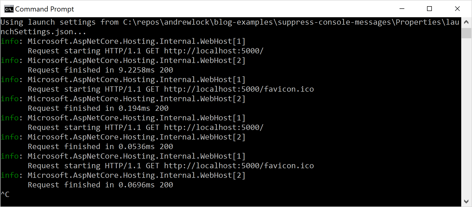 The startup messages are suppressed