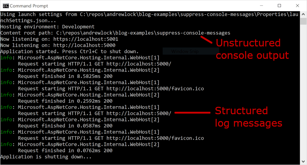 Startup and shutdown messages are unstructured text in otherwise structured output