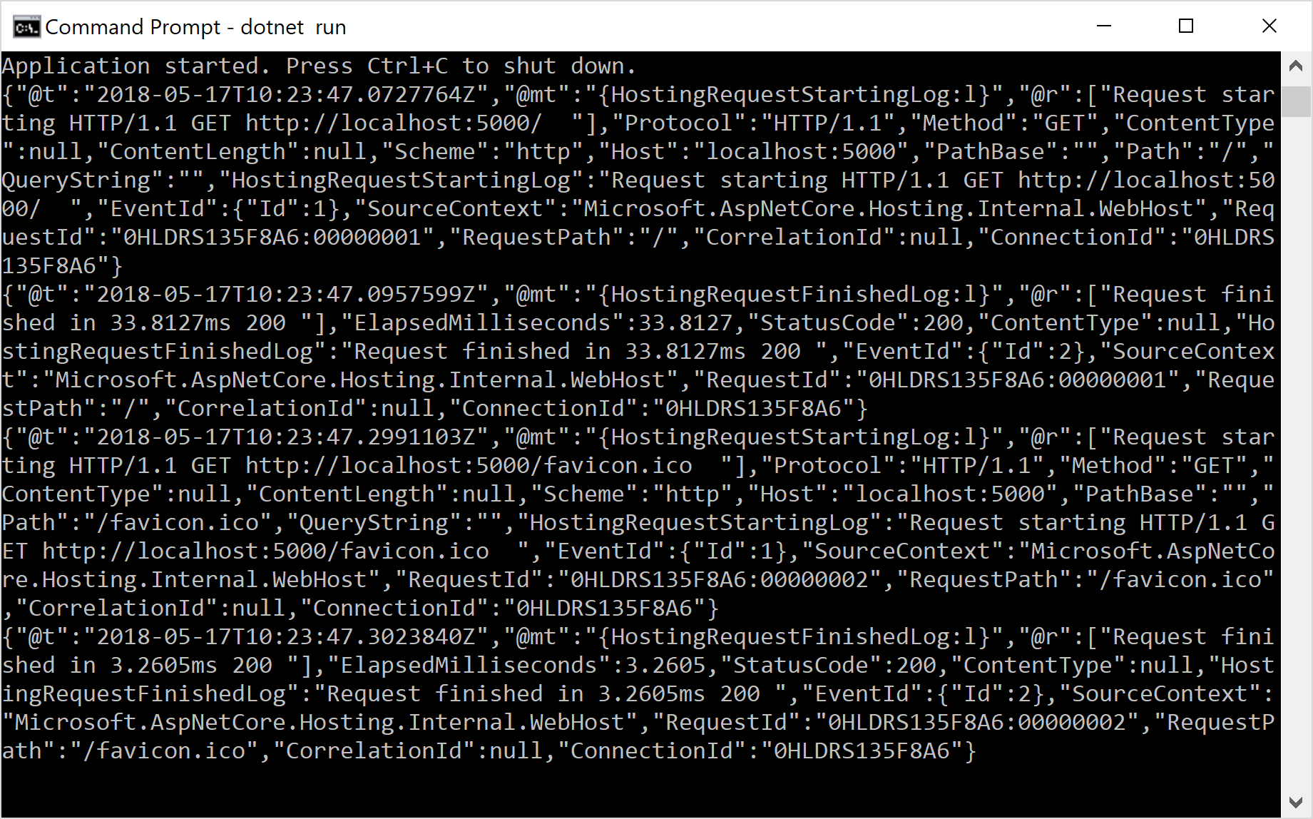 Image of logs written to the console as JSON using CompactJsonFormatter