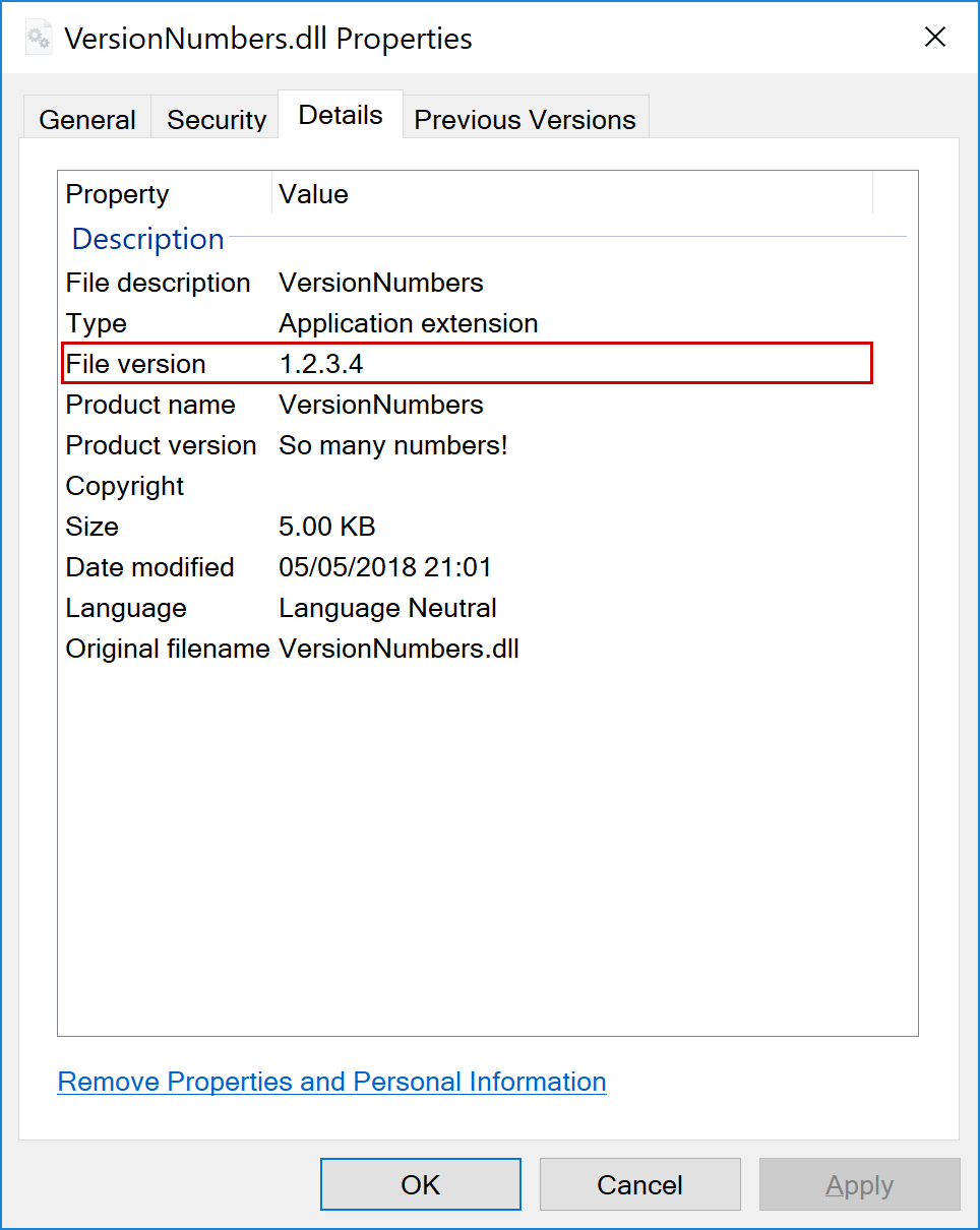The FileVersion is displayed in the Properties dialog