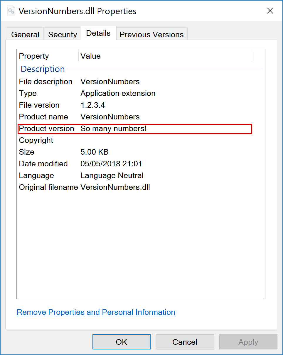 The InformationVersion is displayed in the Properties dialog