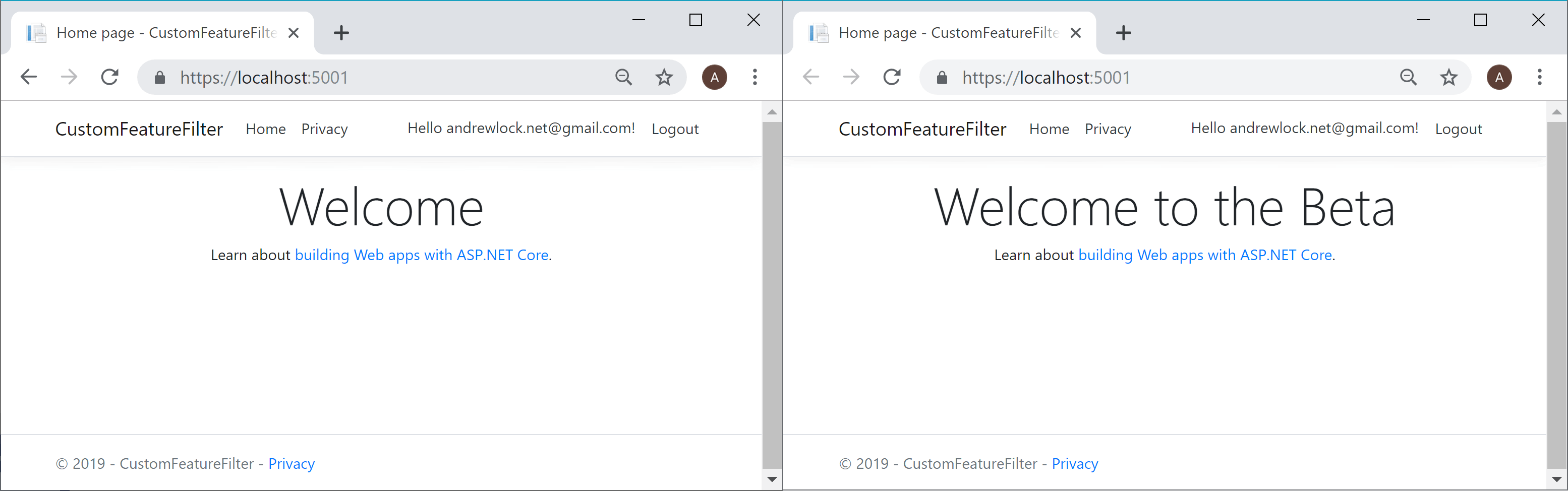 Changing the message displayed on a Razor Page using feature flags