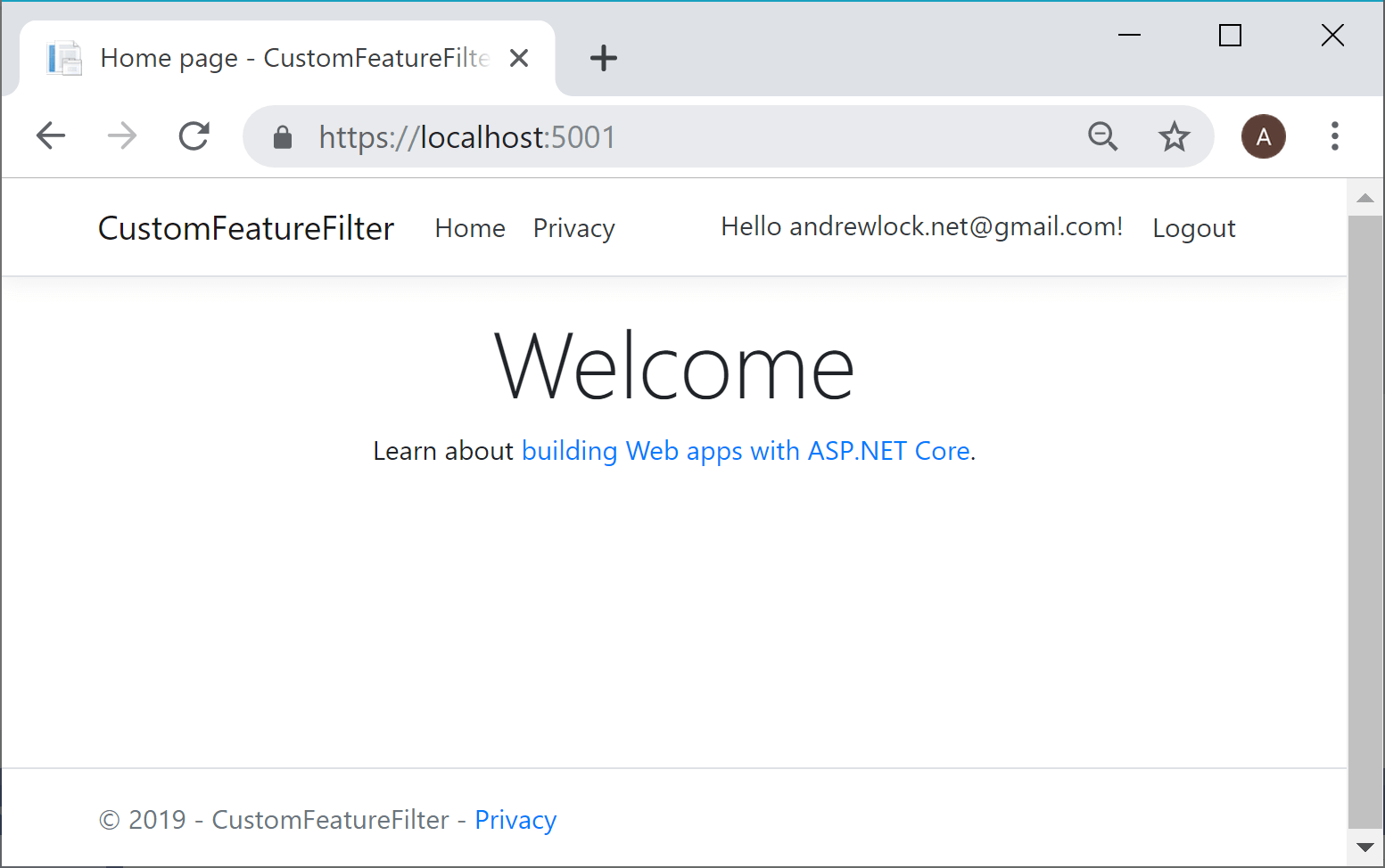 When the feature flag is disabled, the header says Welcome
