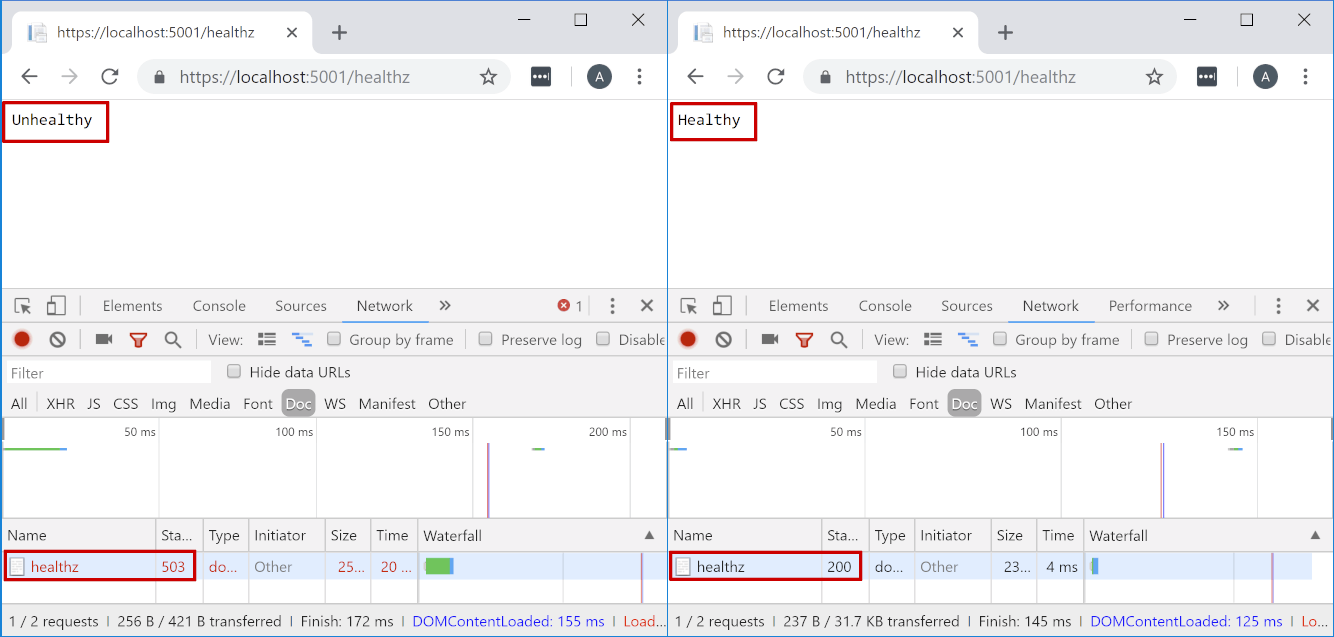 Example of health check failing, and then succeeding