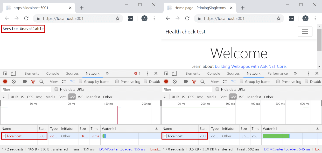 An example of the home page of the app returning a 503 until the startup tasks have completed