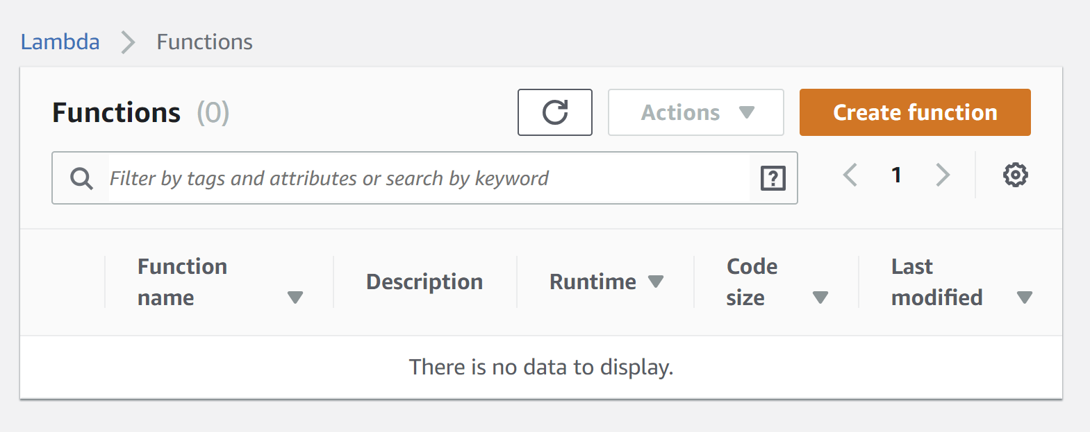 The functions list in the web console