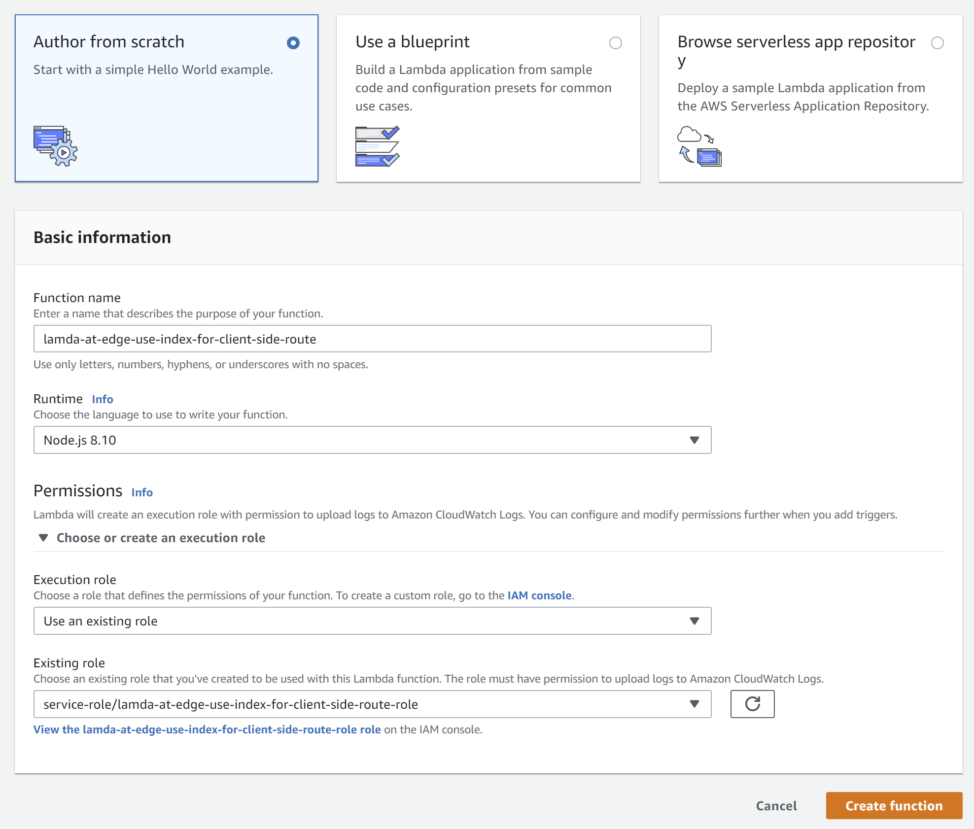 Creating a new function using the web console