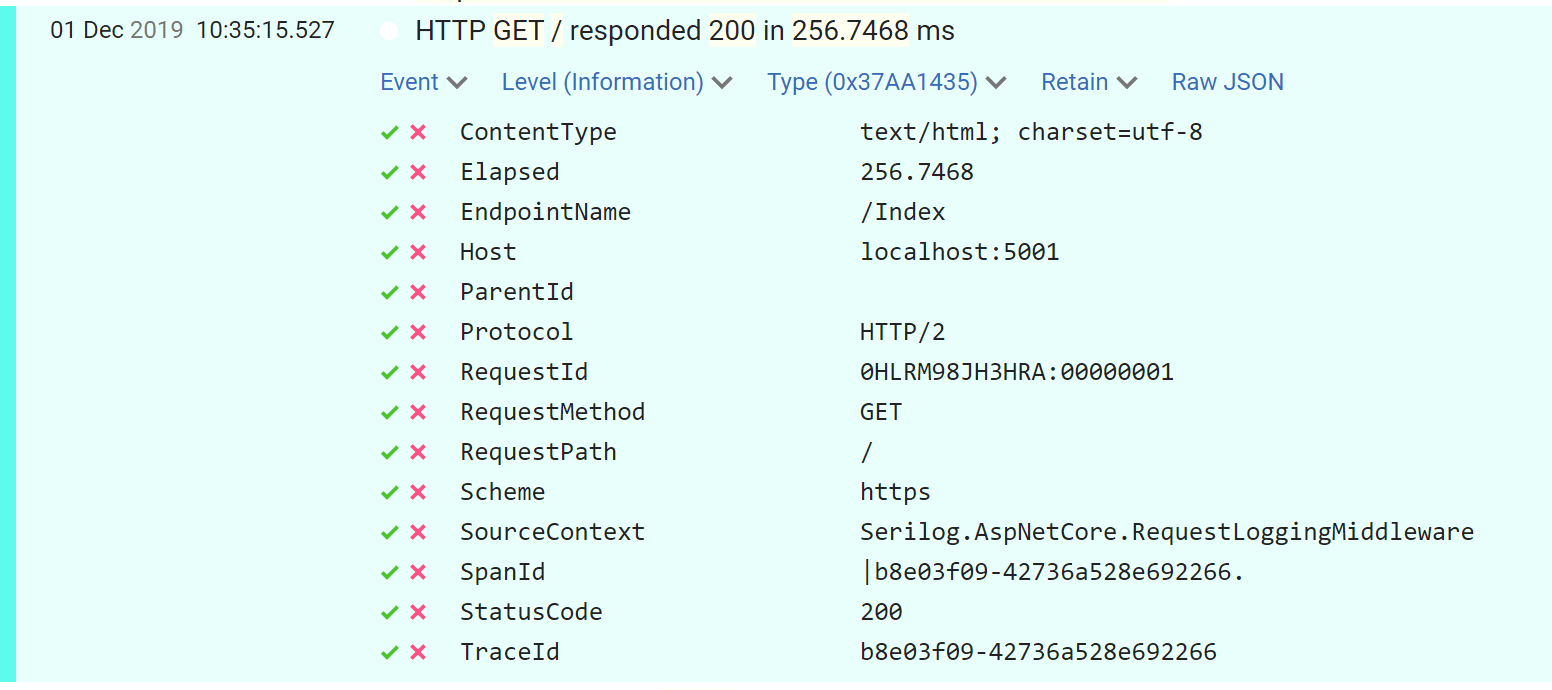 Log message from Seq showing the additional properties