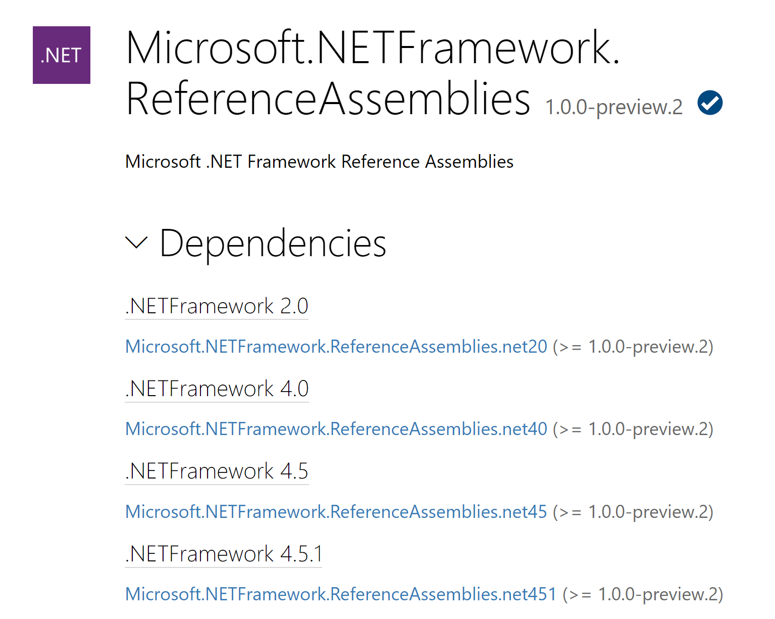 The Microsoft.NETFramework.ReferenceAssemblies nuget.org page showing its dependencies