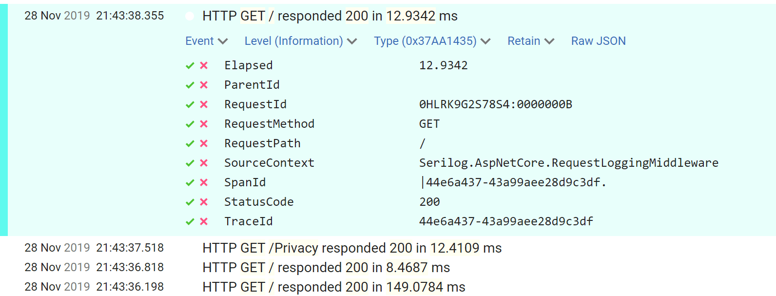 RequestLoggingMiddleware logs to Seq showing structured logging includes additional properties