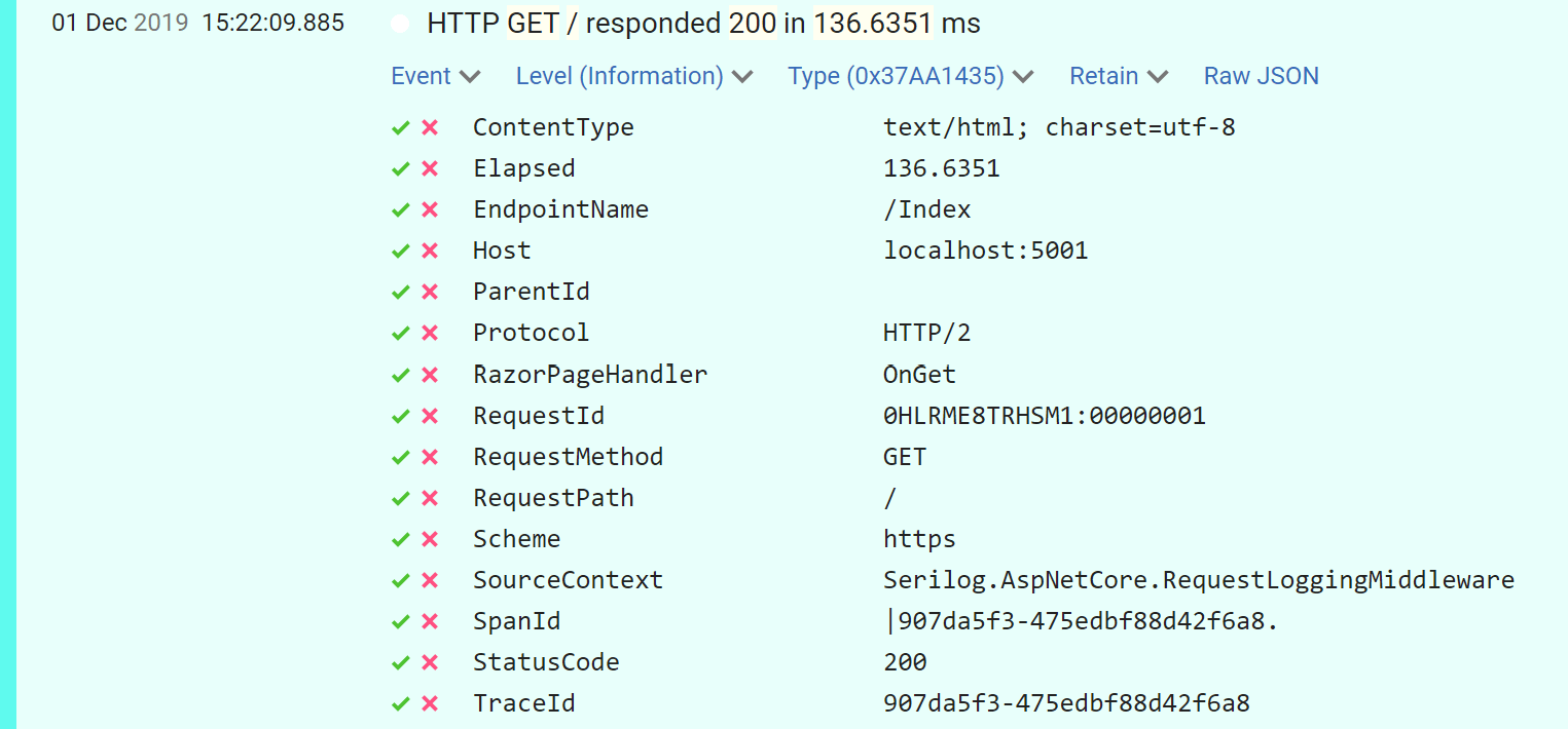 Image of extra Razor Page properties being recorded on Serilog request log