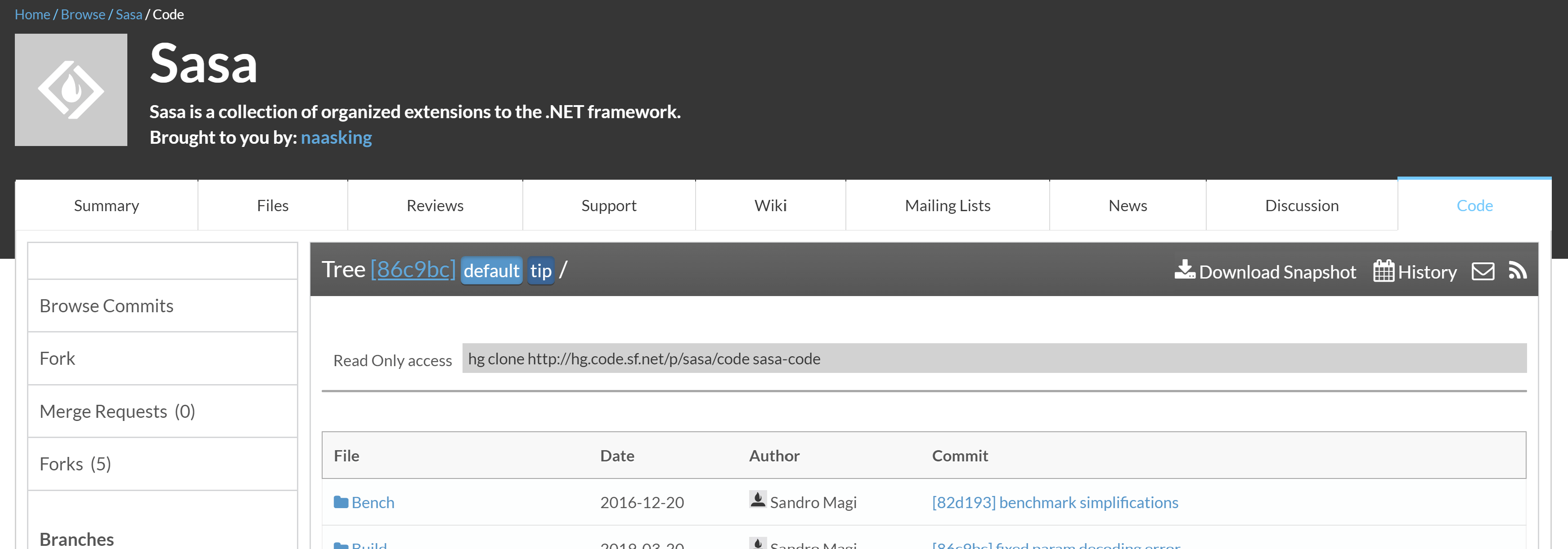 The code page for Sasa on SourceForge