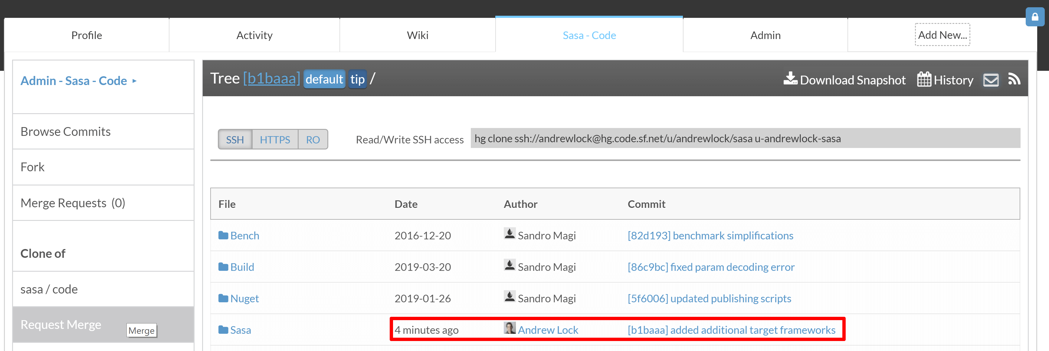 SourceForge showing the new commit