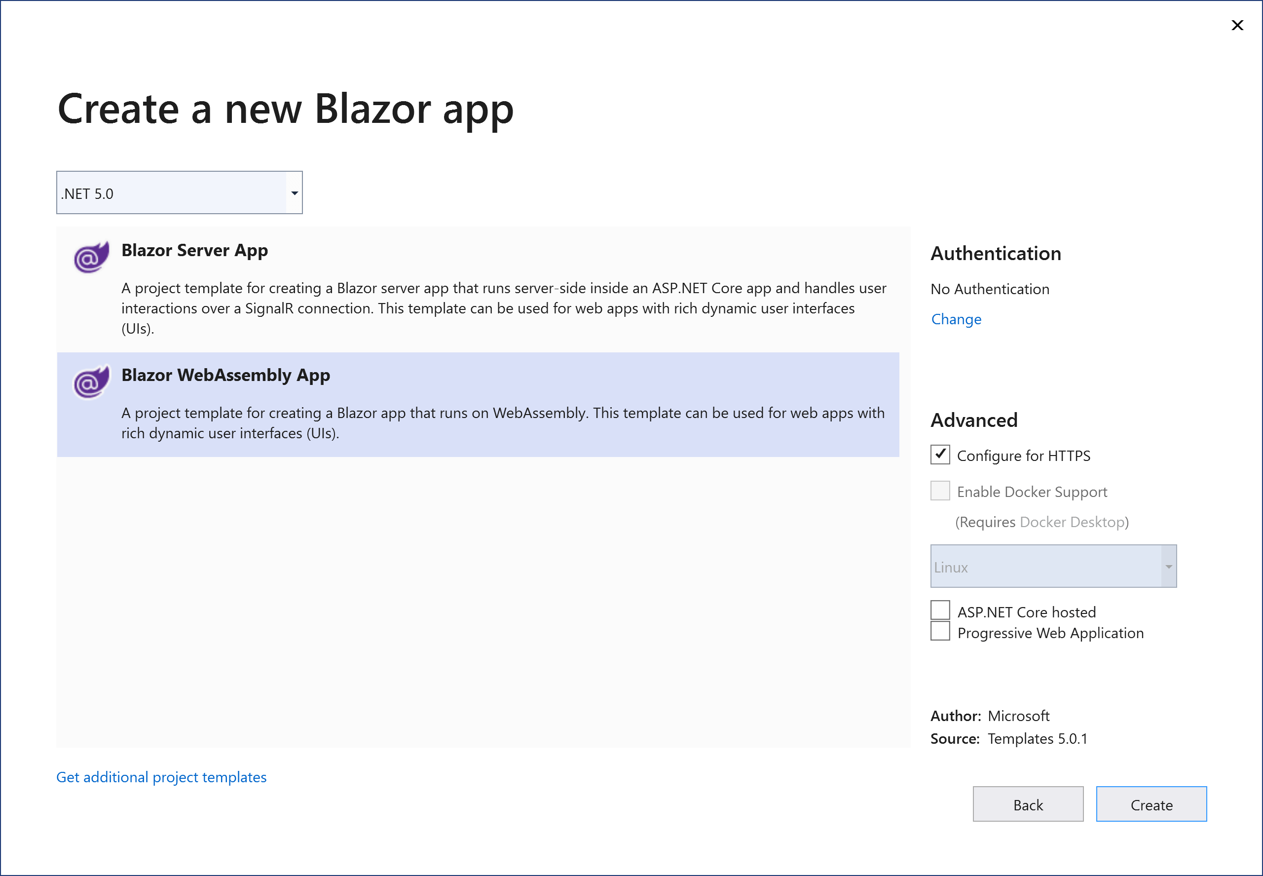 The new project dialog