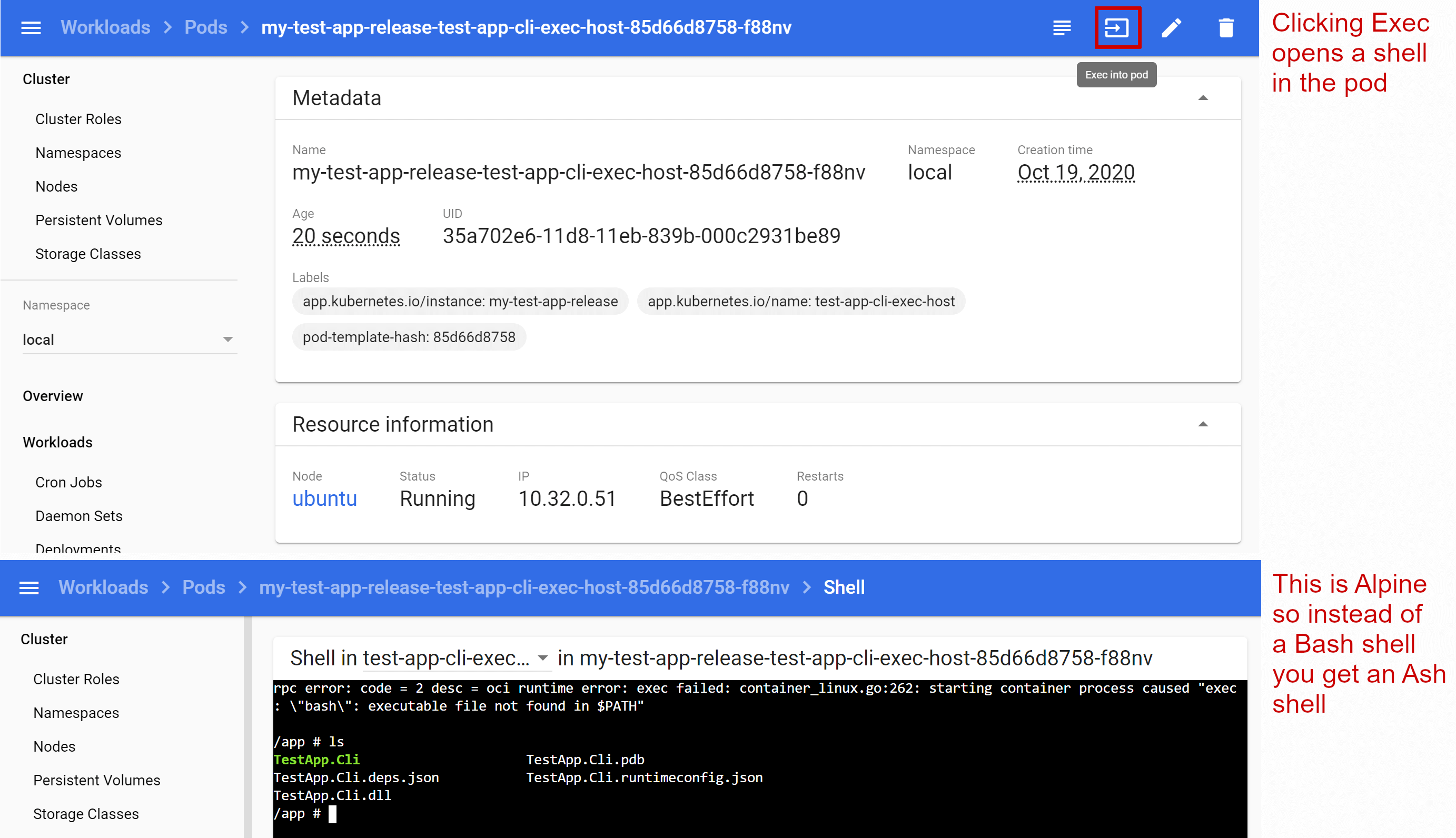Execing into a running container from the Kubernetes dashboard
