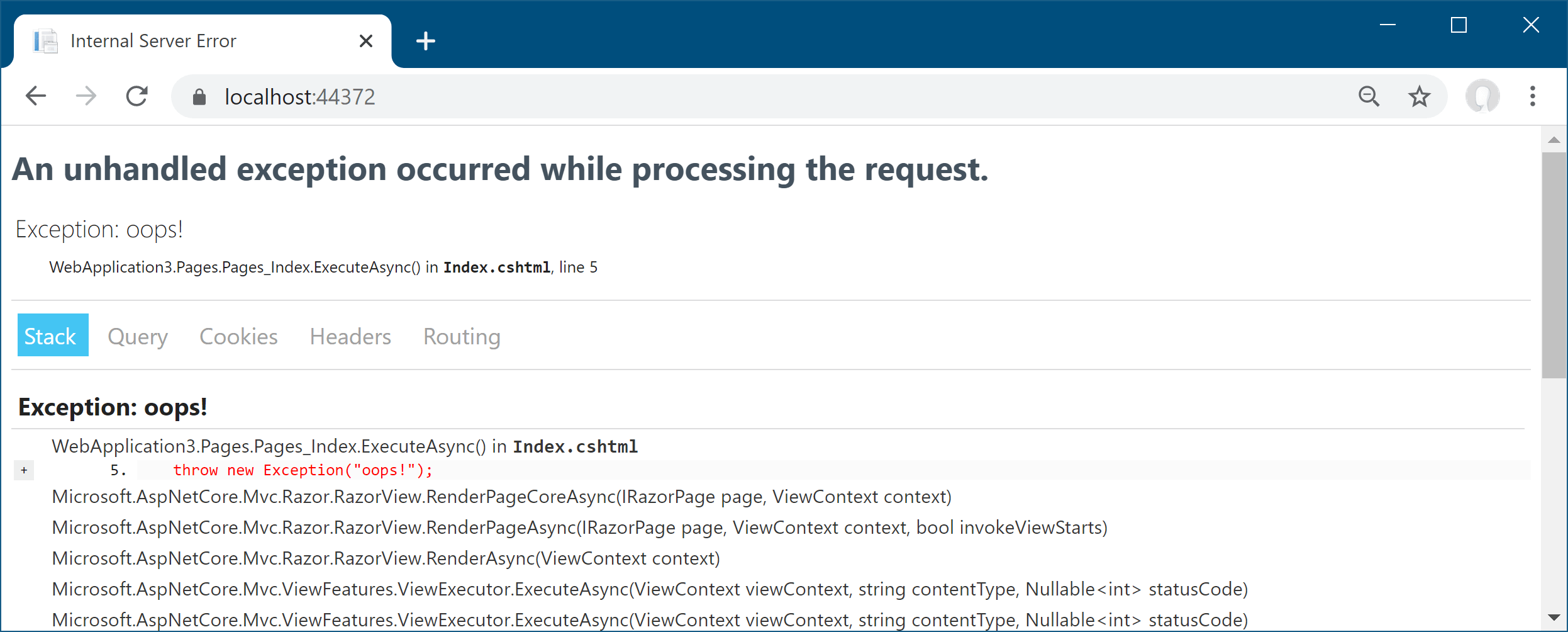 The developer exception page