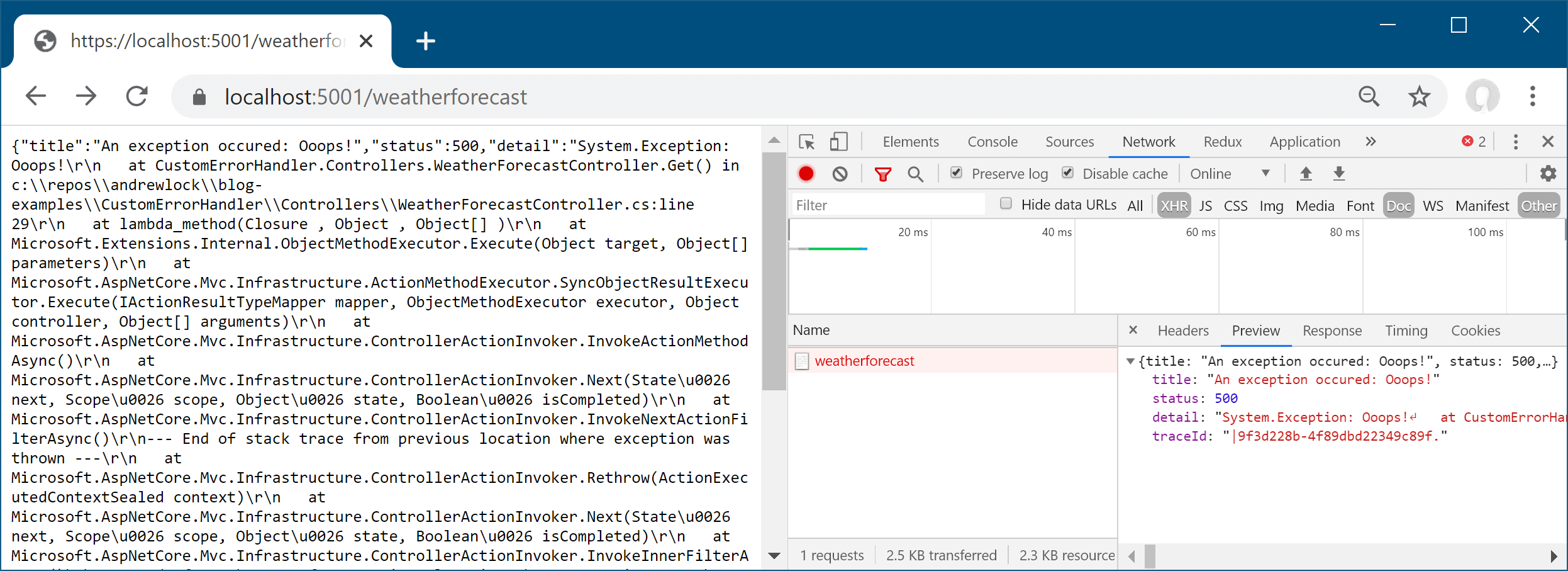 ProblemDetails response in Development