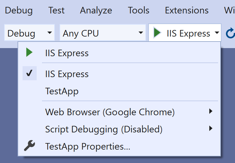 The launchsettings.json drives the Visual Studio Debug view