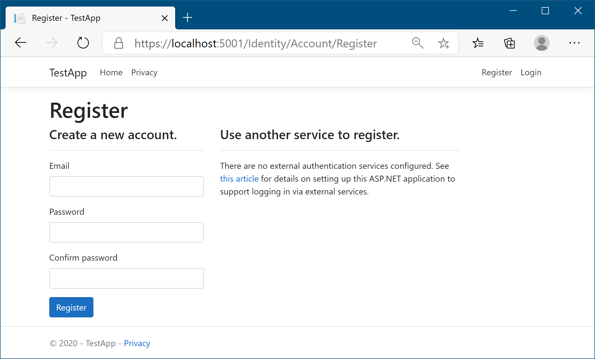 Image of the register page showing links to developer documentation