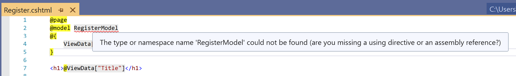 Image of the build error in the Register.cshtml Razor Page