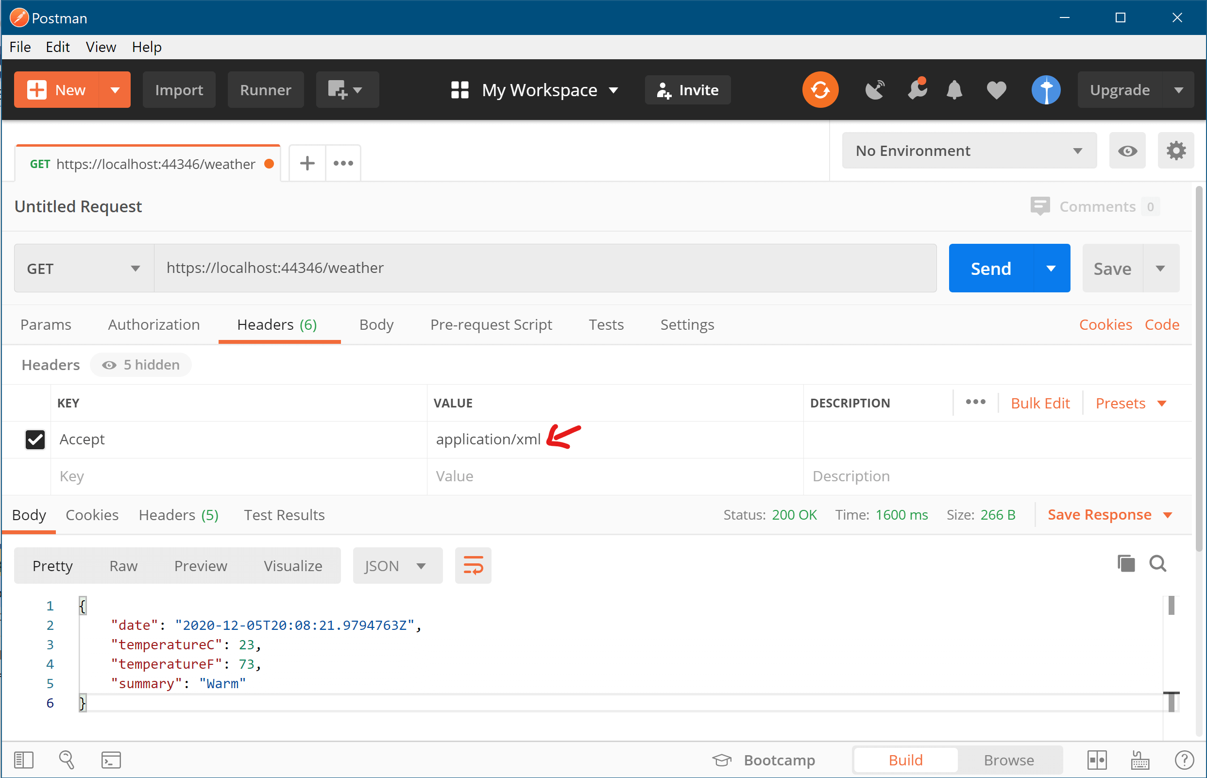 Image of the API returning JSON when XML was requested