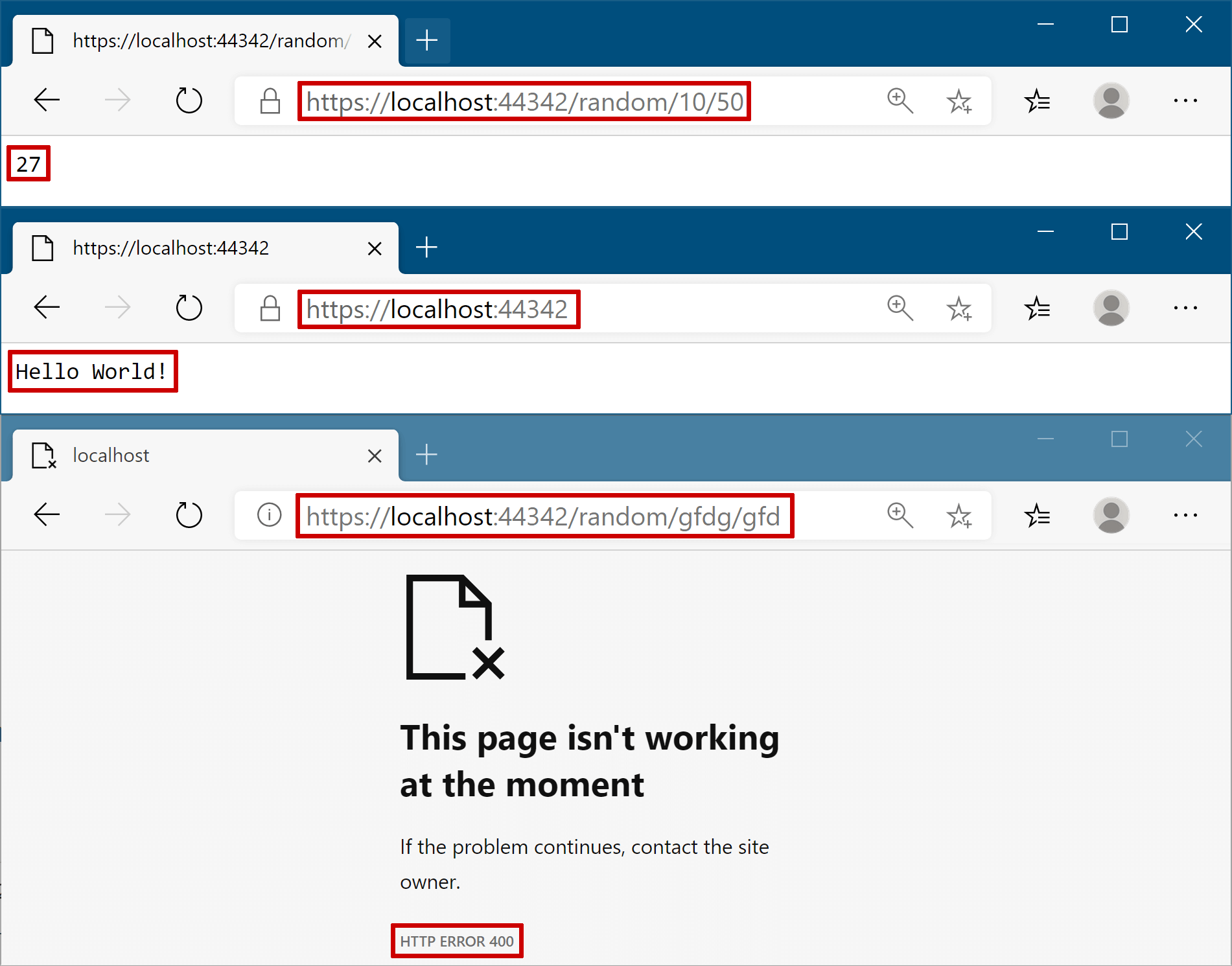Image of the different responses possible when using manual parsing of route parameters