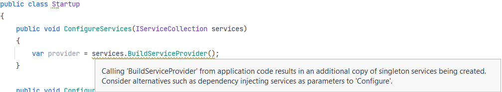 Warning when calling BuildServiceProvider() in Startup