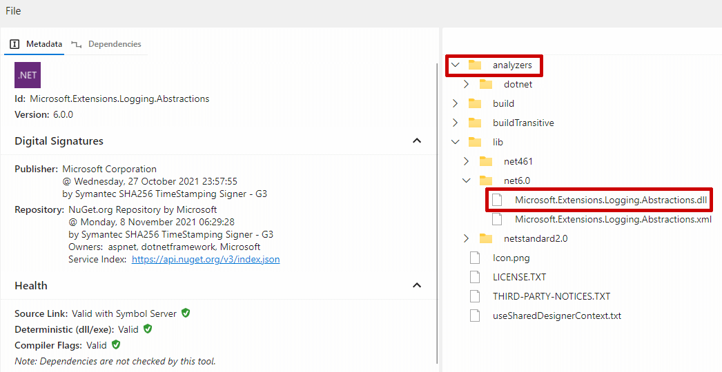 The contents of the Microsoft.Extensions.Logging.Abstractions package contains both the dll and the analyzer