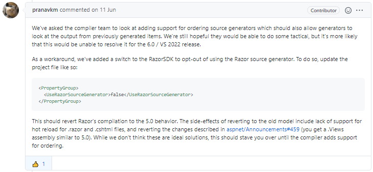 We've asked the compiler team to look at adding support for ordering source generators which should also allow generators to look at the output from previously generated items. We're still hopeful they would be able to do some tactical, but it's more likely that this would be unable to resolve it for the 6.0 / VS 2022 release.