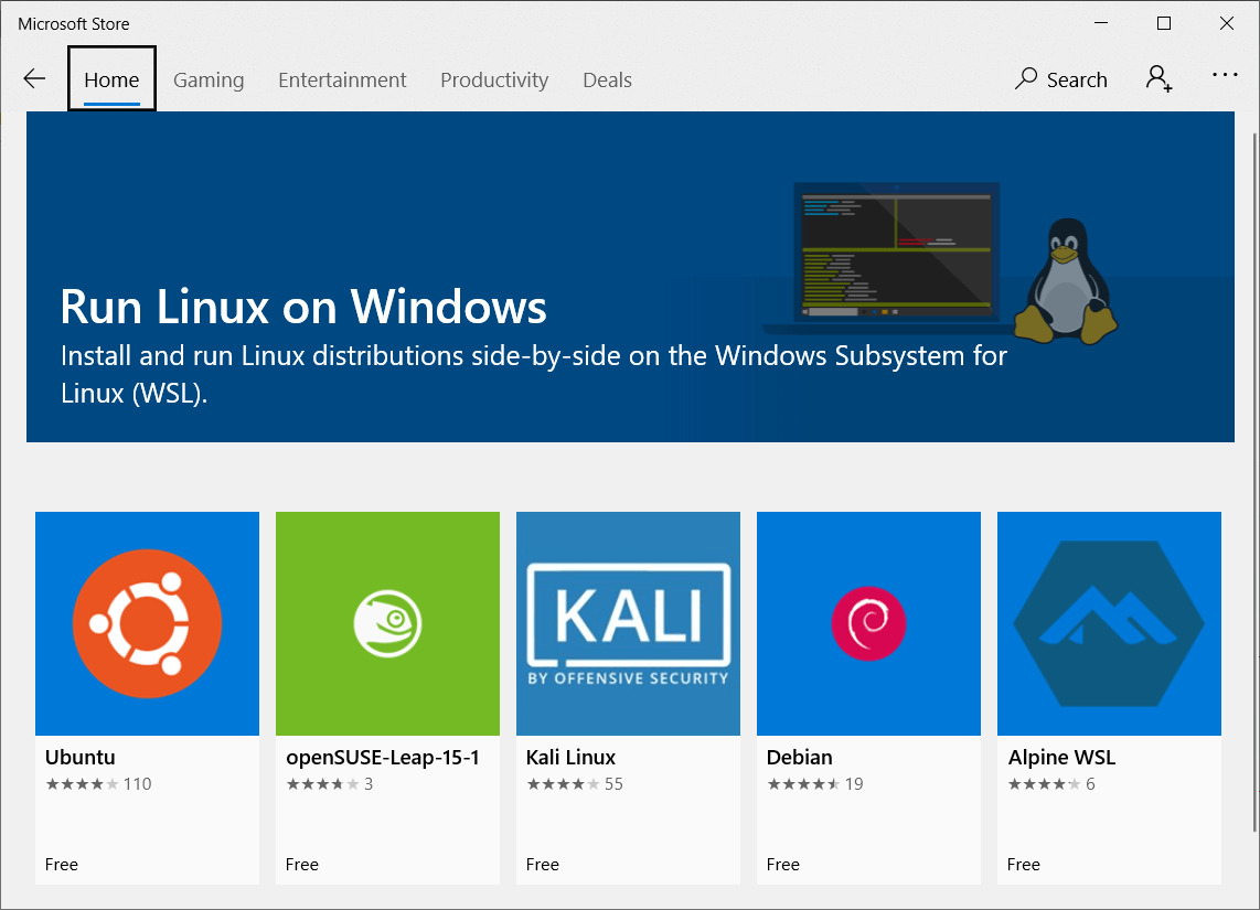 WSL 2 distributions available in the MS Store
