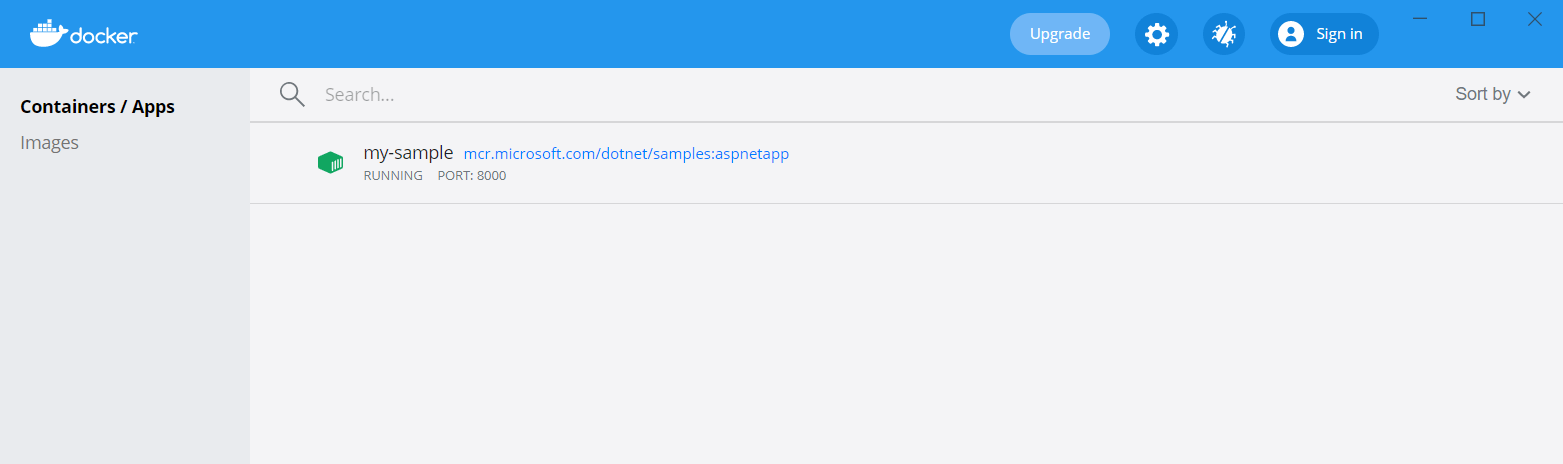 The Docker Desktop container interface