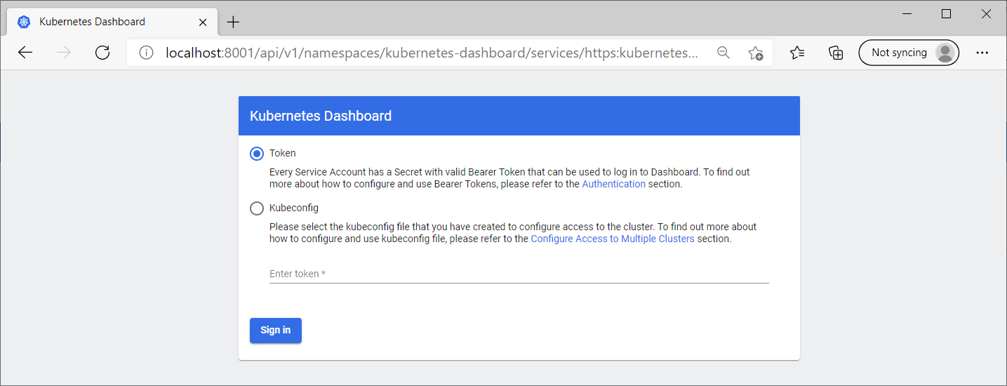 Login screen to Kubernetes Dashboard