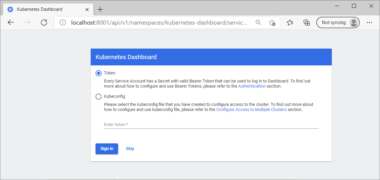 Login screen to Kubernetes Dashboard with skip button
