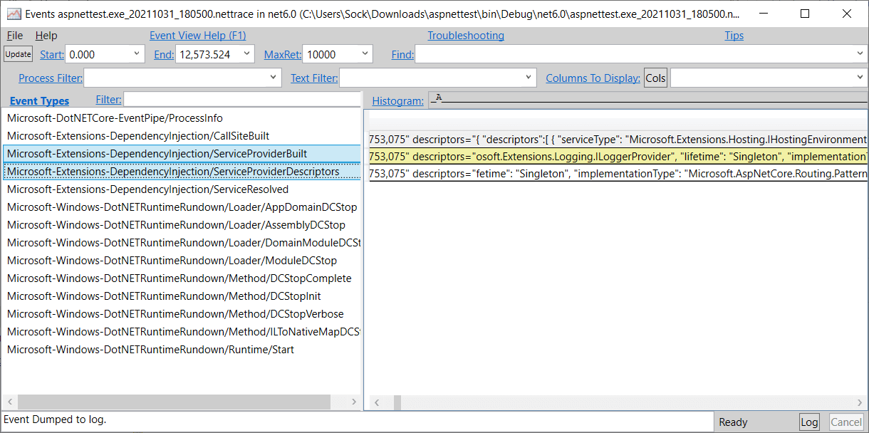 PerfView showing the new DI events