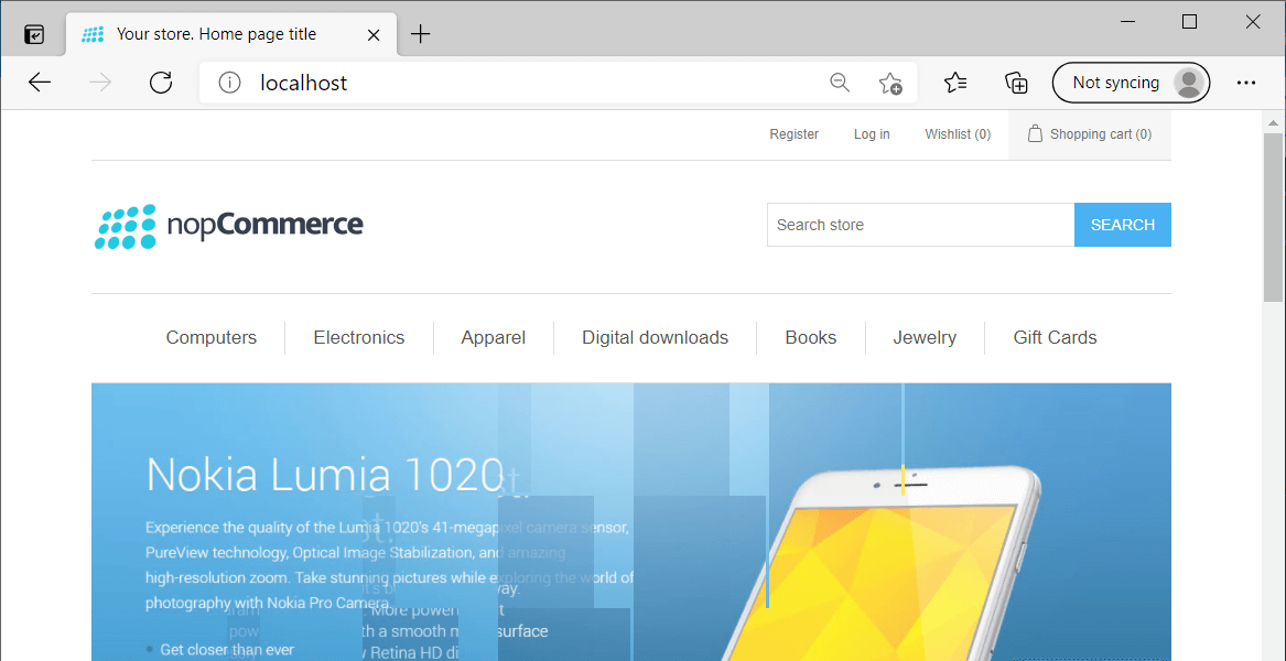 The default nopCommerce home page