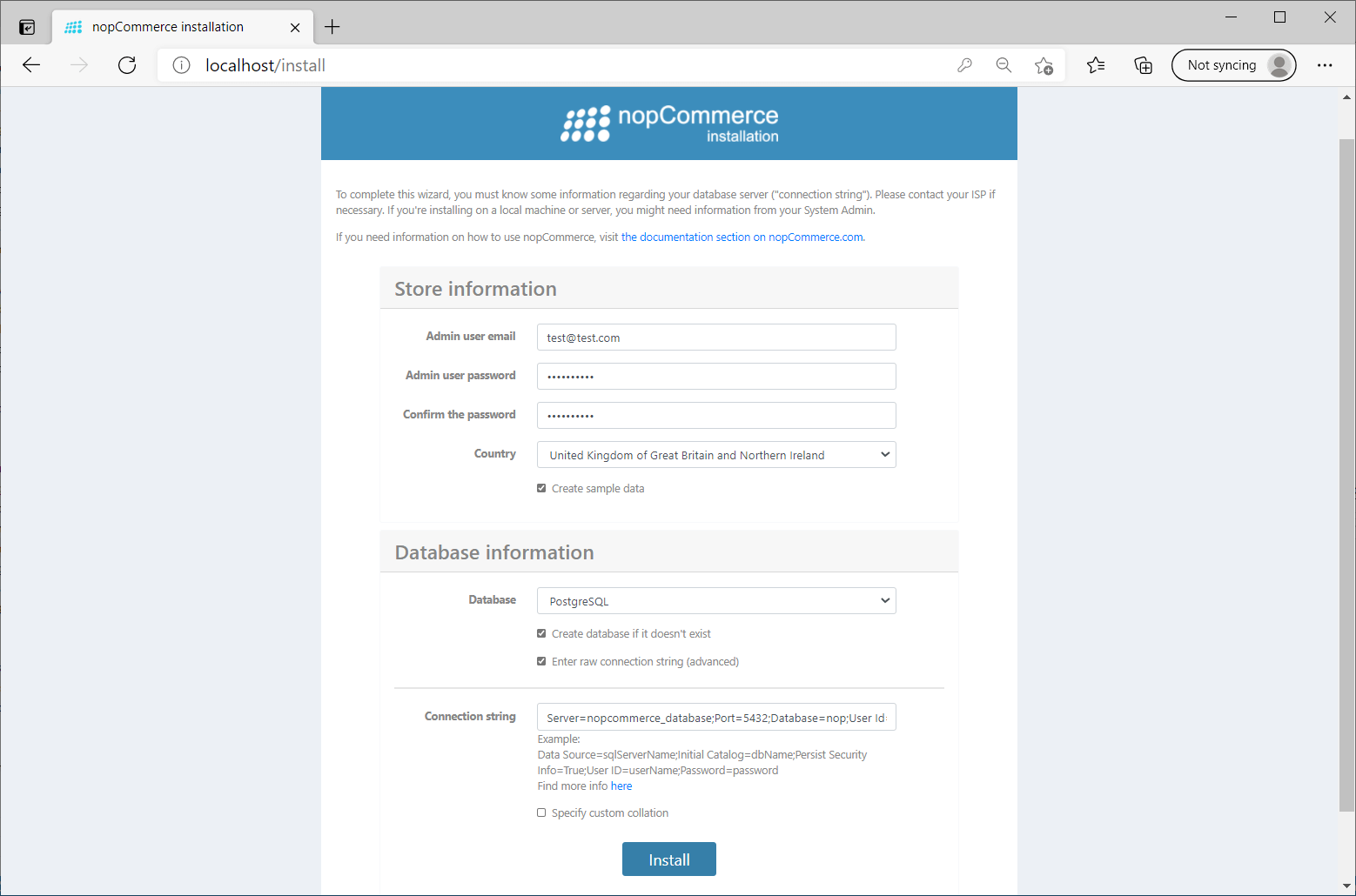 The nopCommerce install screen