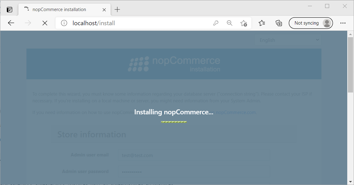 The nopCommerce installing screen