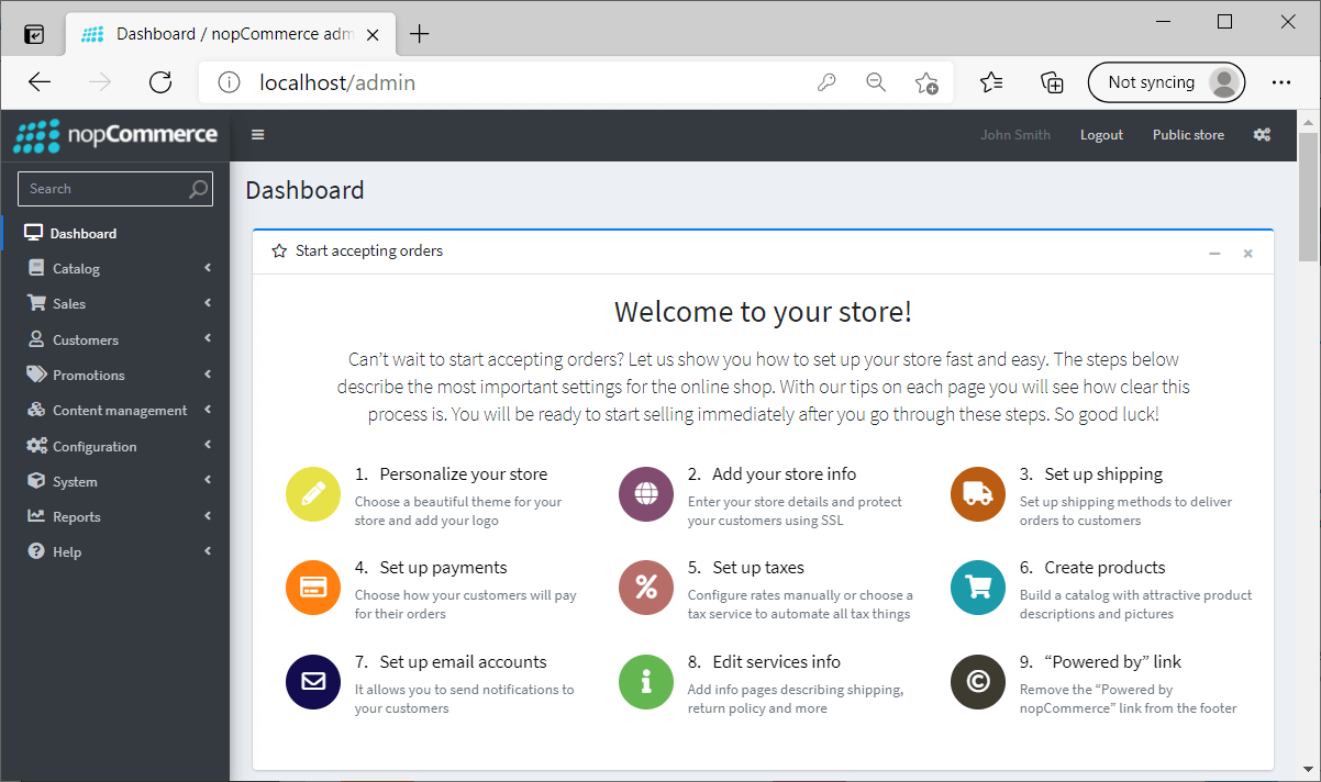 The nopCommerce admin dashboard