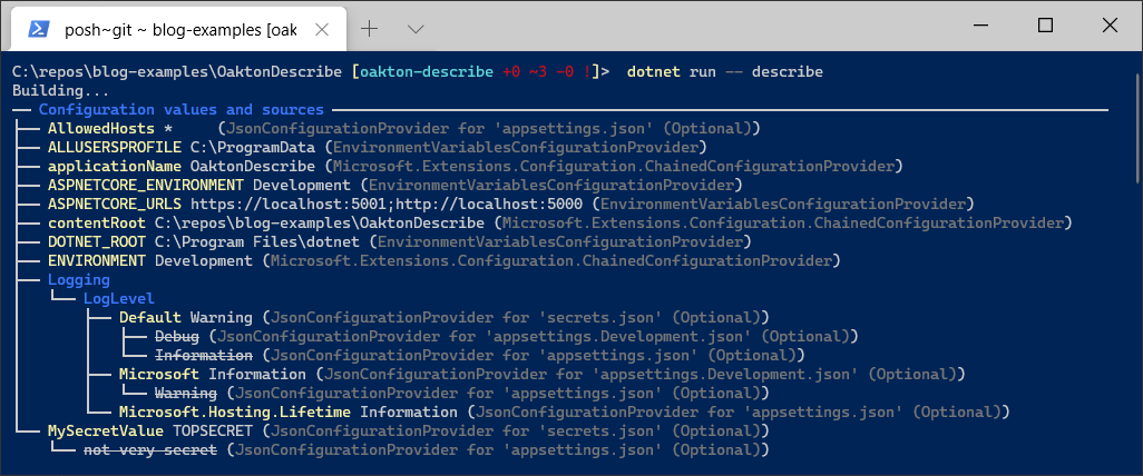 Example of Oakton Describe with the configuration values showing overwritten values
